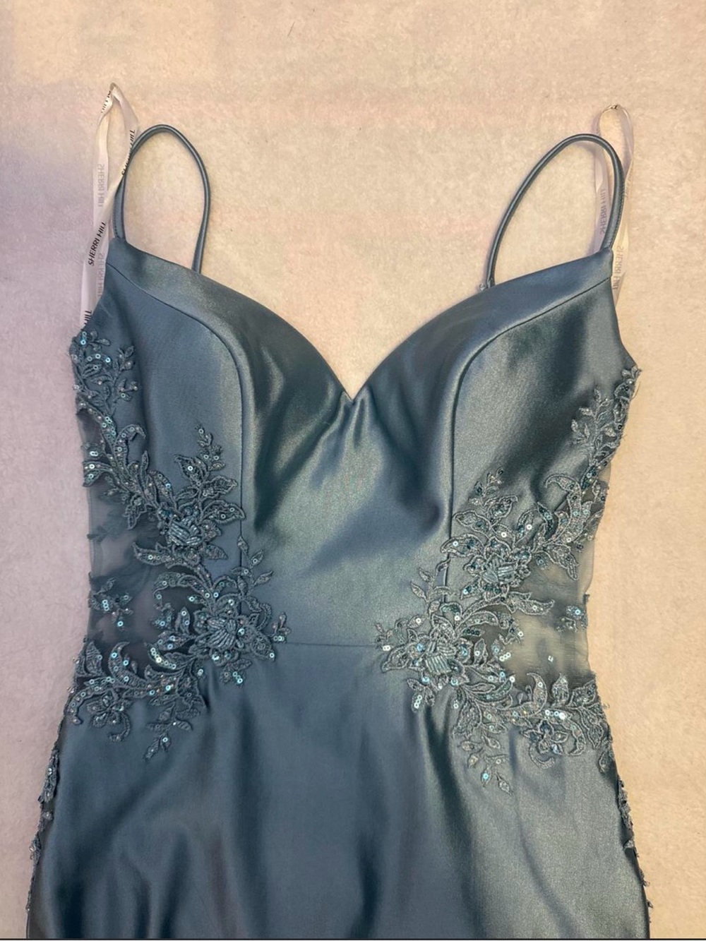 Teal Embroidered Satin Evening Dress with Spaghetti Straps